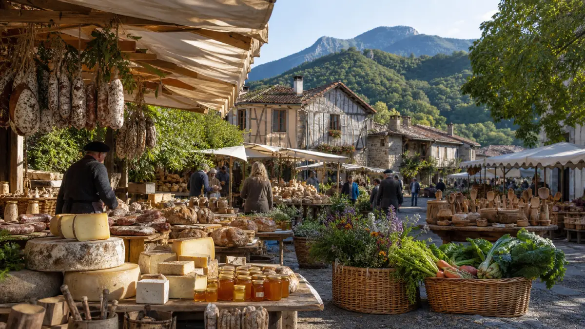 Étals de fromages, charcuteries et légumes sur un marché en Ariège